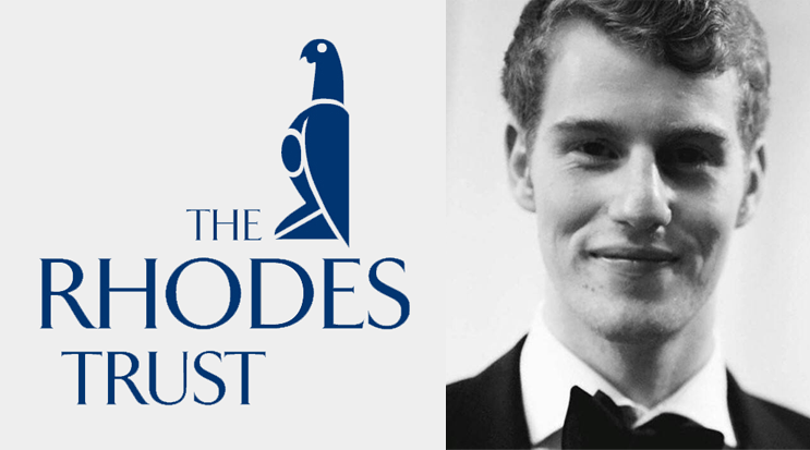The Rhodes Trust logo alongside a black-and-white headshot of Luca Springer