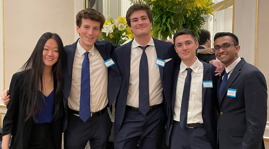The French National Title-winning Sciences Po Jessup Cup team, including Nathan Darmon '25GS, Varun Mandgi '25GS, and Emily Ni '25GS
