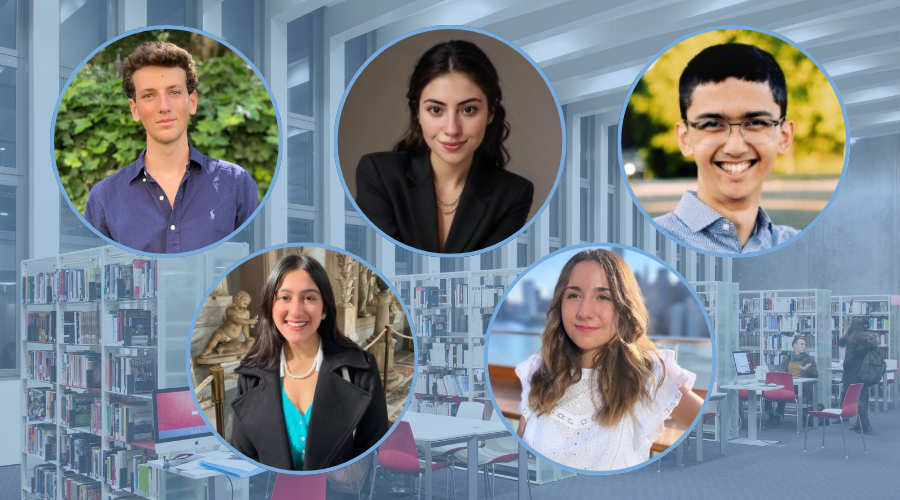 Headshots of five SPO Fellowship recipients; clockwise from top left Nathan Darmon, Daniela Shapiro Ortiz de Zarate, Bobby Aiyar, Anna Bartoux, Esha Modi